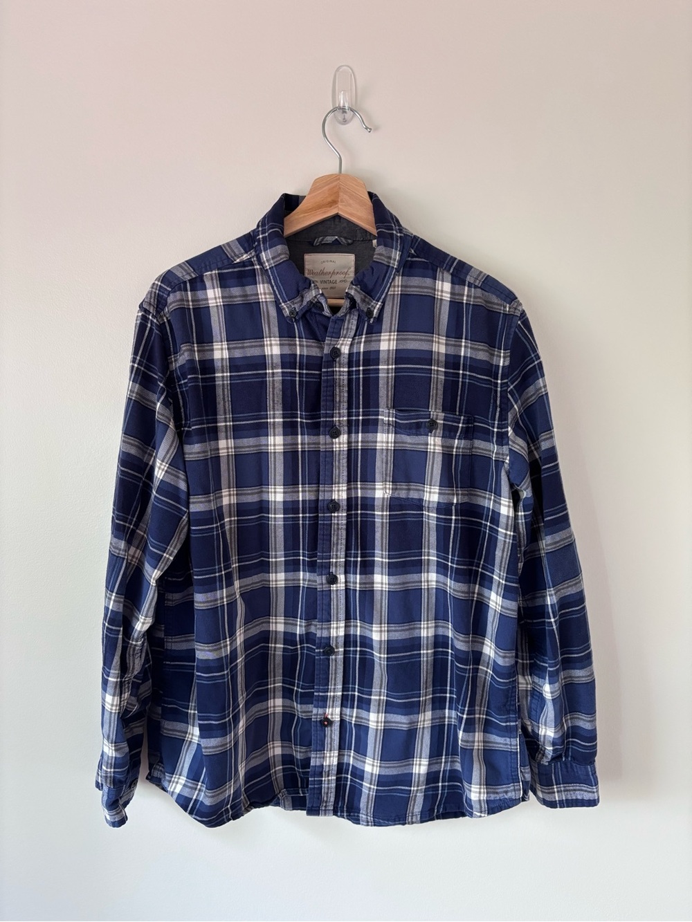 Original Weatherproof Vintage Navy & White Plaid Button-Up Shirt (Size L)